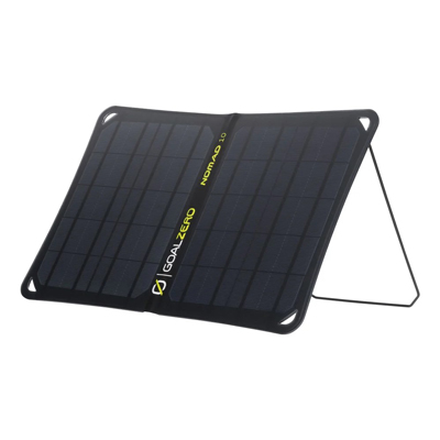 GOAL ZERO<sup>&reg;</sup> Nomad 10 Solar Panel - Gain solar collecting capability to charge small USB devices. The built-in kickstand clicks into place at multiple angles and the lightweight design allows you to strap to your backpack or tent and folds down for storage.